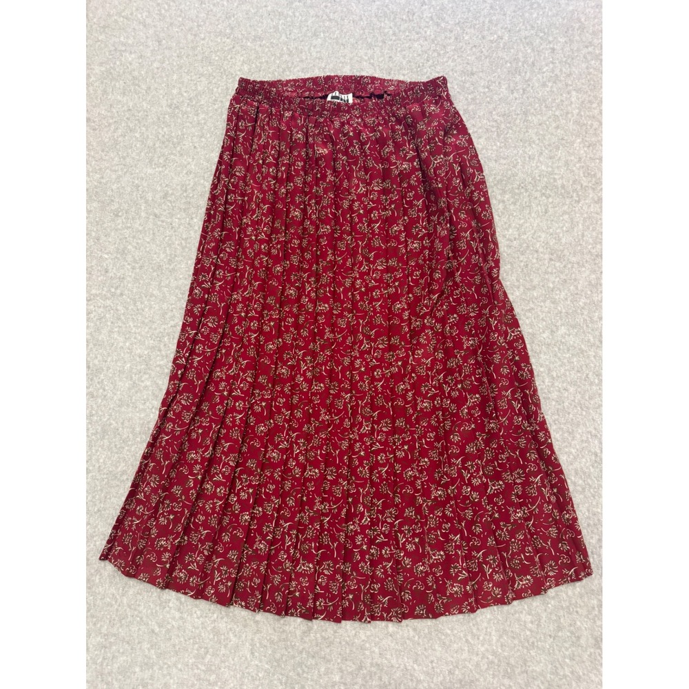 Leslie Fay Vintage Burgundy Floral Pleated Midi Skirt Elastic Waist Red Size 10